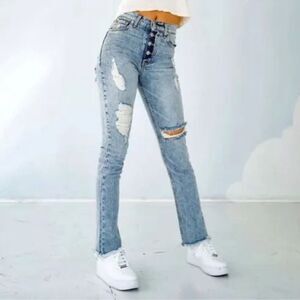 Revice Denim Dream Boyfriend Fit Jeans Button Fly Distressed Raw Hem High Rise